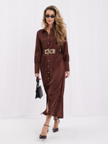 Hellebraune elegante Hemdblusenkleid mit goldener Schnalle.