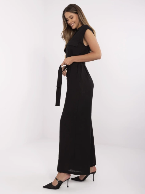 Czarny długi kombinezon damski z kieszeniami