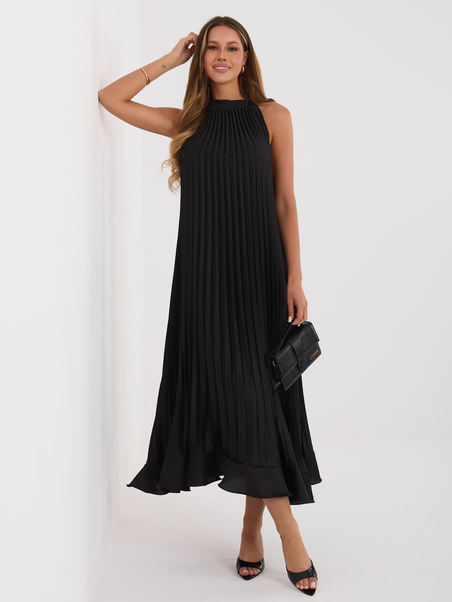 Czarna plisowana sukienka z falbaną RUE PARIS 