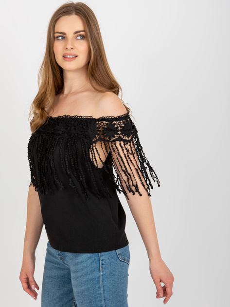Hurt Czarna damska bluzka hiszpanka z frędzlami