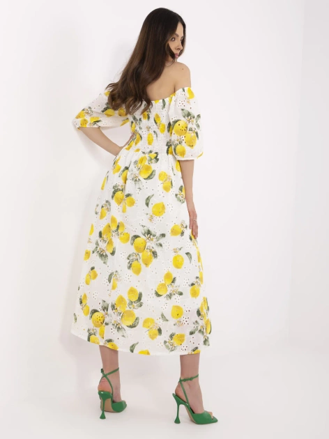 Ecru-żółta midi sukienka damska w cytryny