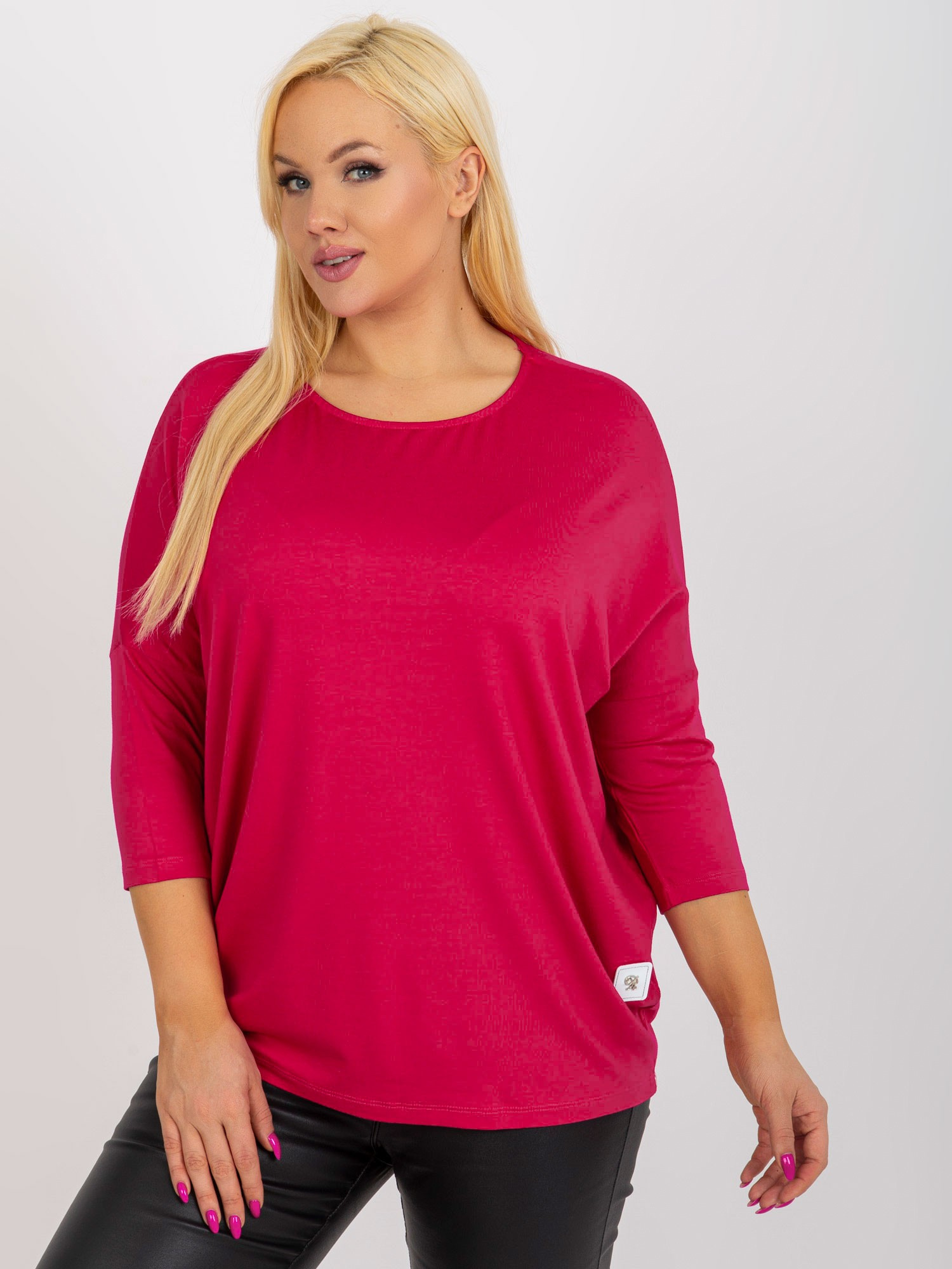 Fuksjowa bluzka plus size basic z rękawem 3/4
