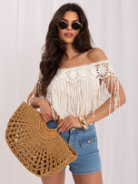 Hurt Light beige summer blouse off-the-shoulder with lace.