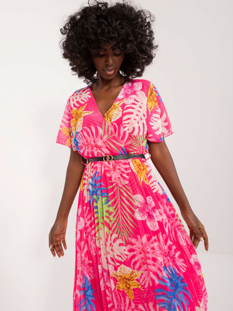 Hurtownia Ciemnoróżowa sukienka damska w kolorowe wzory