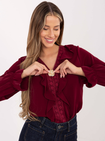 Burgundowa elegancka bluzka z rękawem typu dzwon