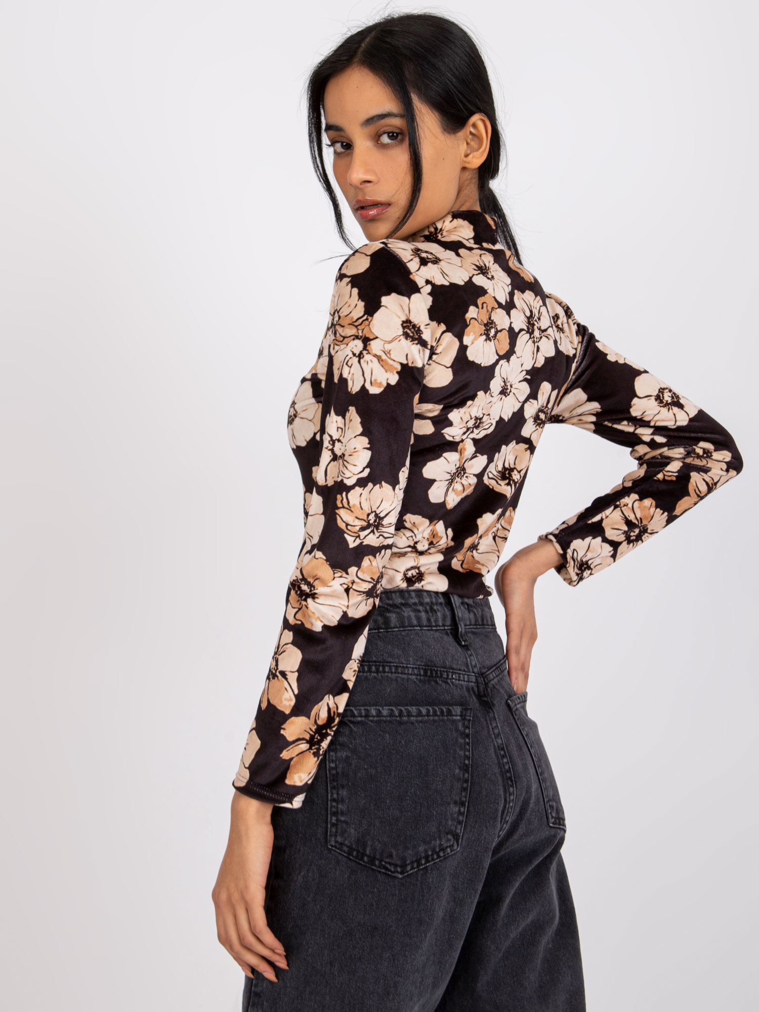 Black and beige velour blouse with flowers Skyler