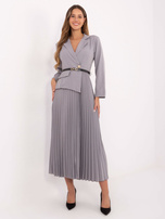 Gray flared dress with a decorative button.