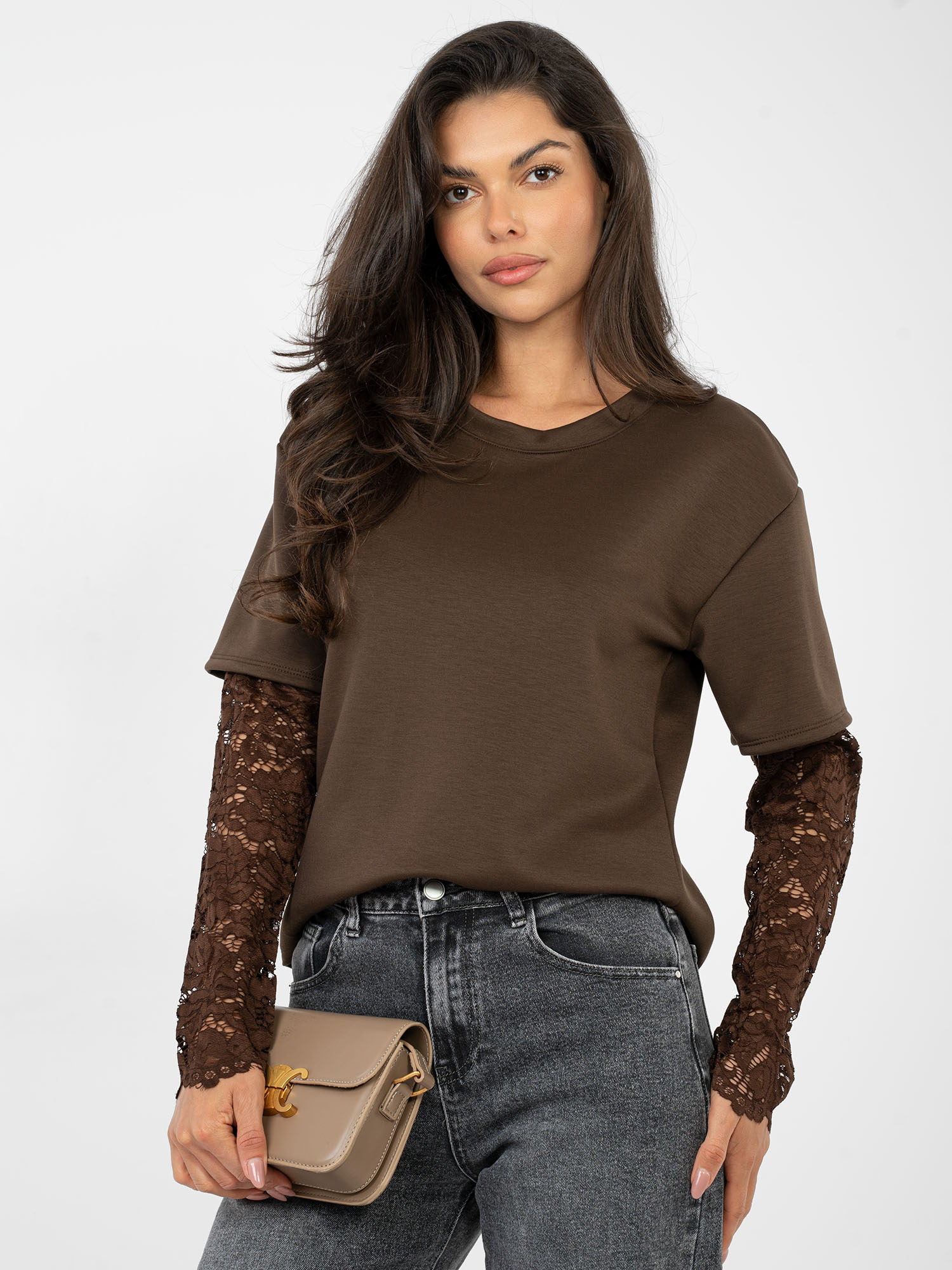 Chocolate oversized women's blouse with lace.