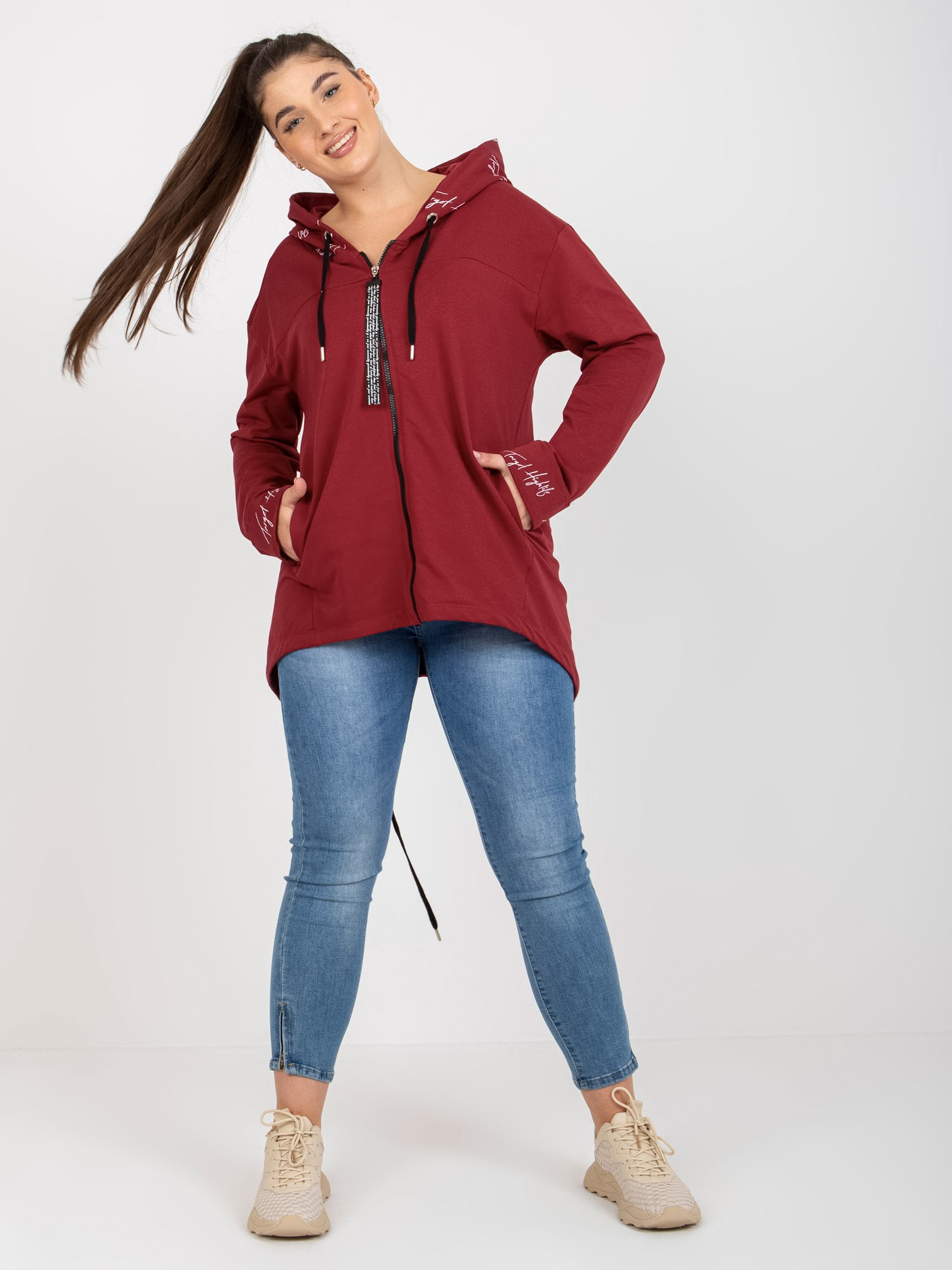 Bordowa rozpinana bluza plus size z suwakiem