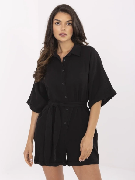 Czarny muślinowy kombinezon z krótkim rękawem
