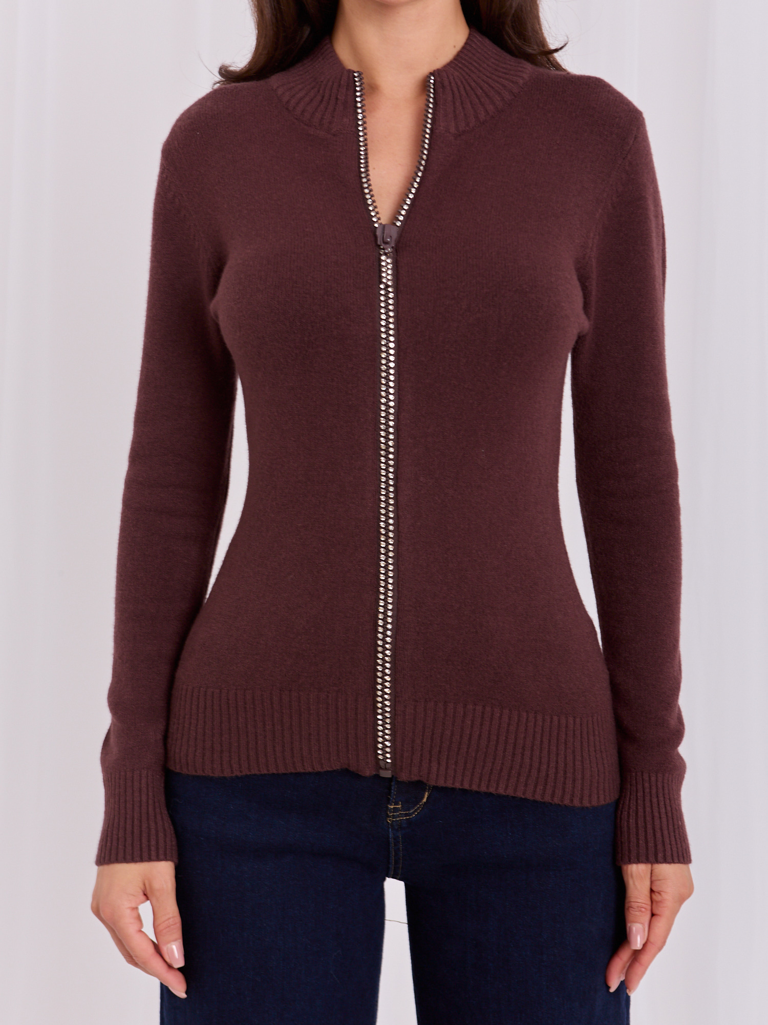 Brown fitted sweater with a collar.