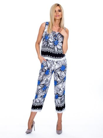 Czarno-niebieski wzorzysty komplet top i spodnie