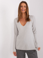 Hurt Jasnoszary damski sweter klasyczny z dekoltem V