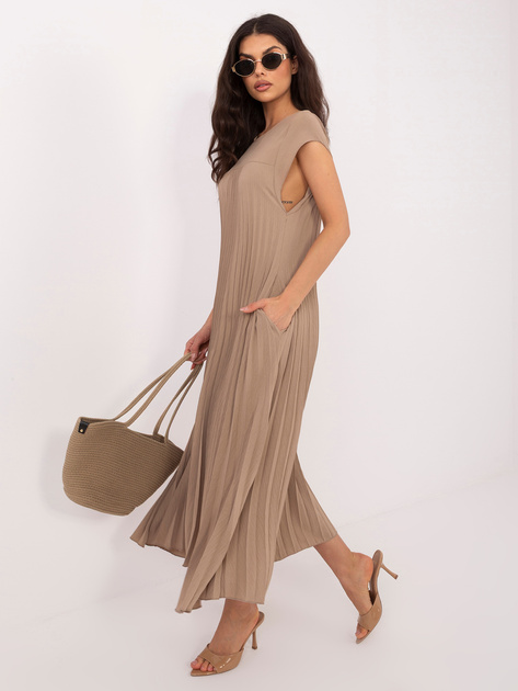 Ciemnobeżowa trapezowa sukienka z plisowaniem RUE PARIS