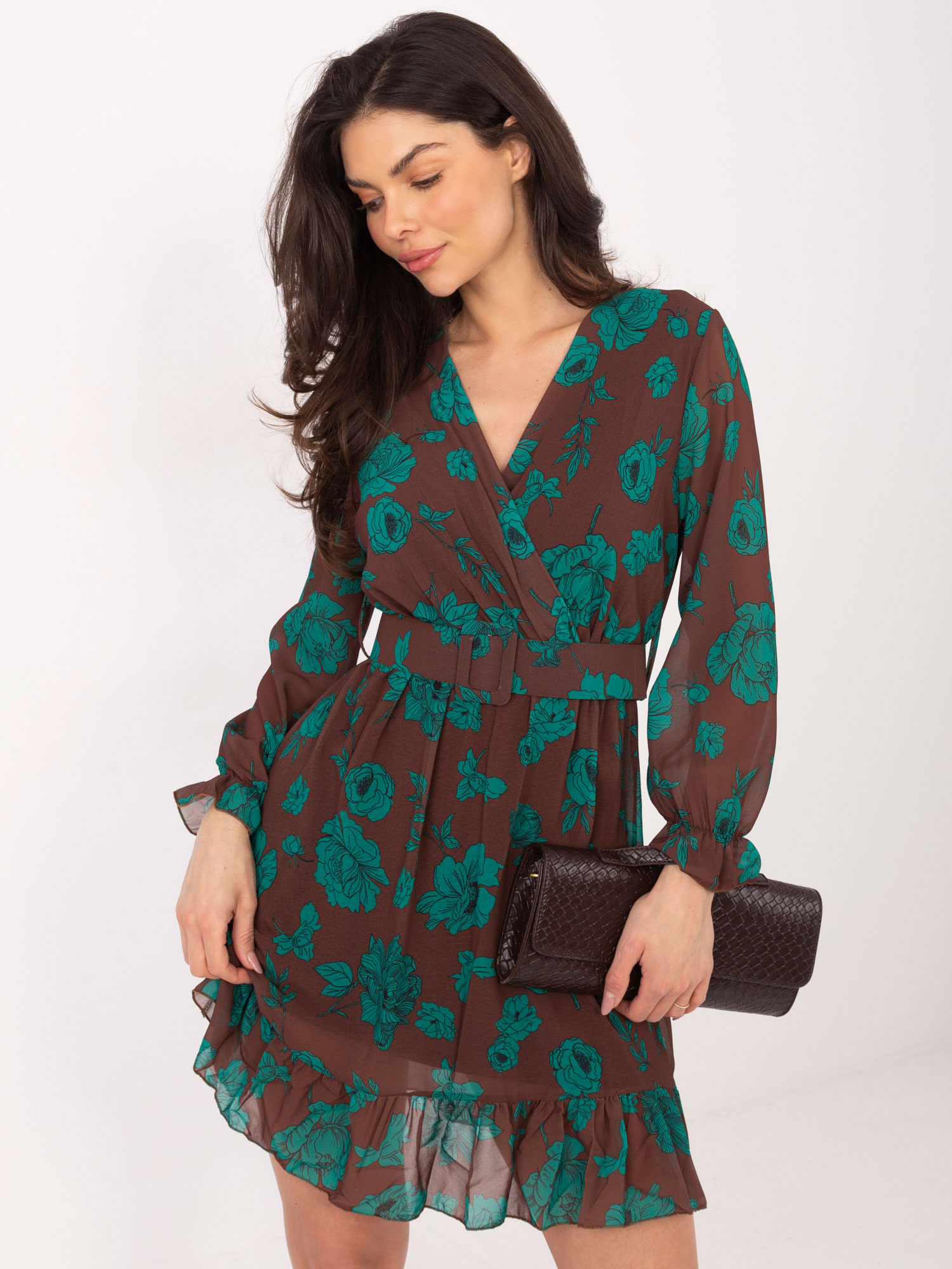 Braun-grünes Kleid mit Rüsche Loriella.