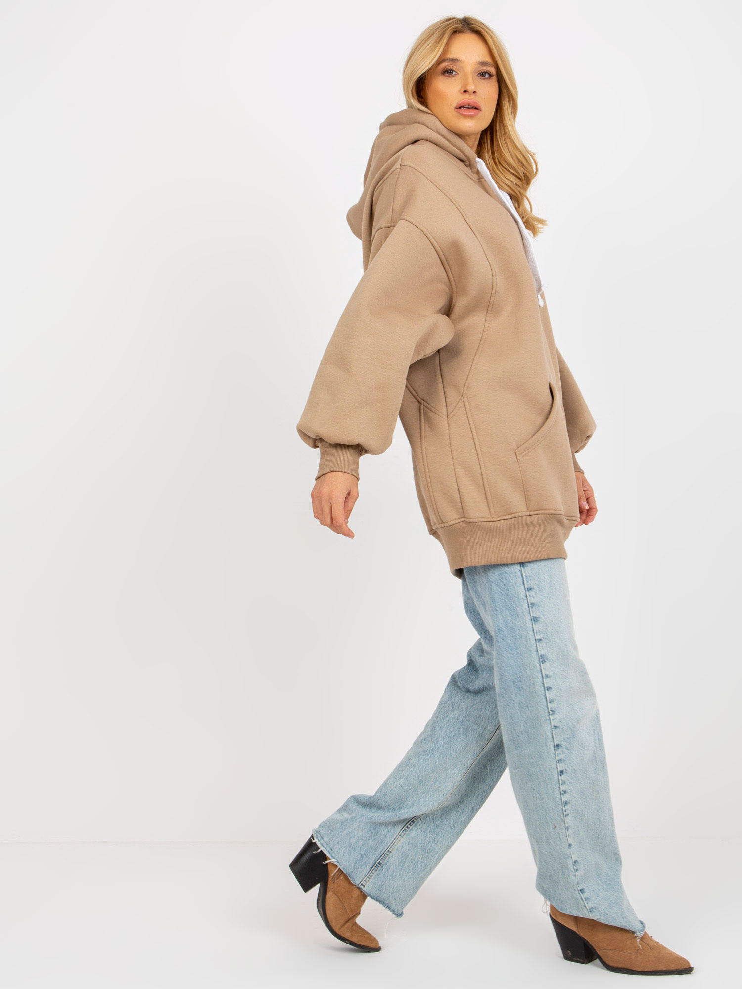 Ciemnobeżowa długa bluza basic oversize z kapturem
