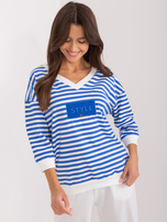 Hurtownia Kobaltowo-biała damska bluzka z naszywką