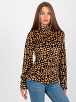 Hurt Camelowo-czarna welurowa bluzka z nadrukiem RUE PARIS  