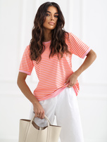 Fluo pomarańczowo-różowy damski t-shirt z bawełny RUE PARIS