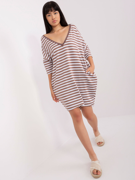 Hurt Jasnobrązowo-biała sukienka dresowa z kieszeniami