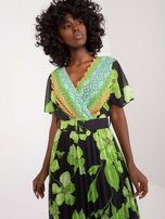 Hurt Limonkowo-czarna midi sukienka z krótkim rękawem