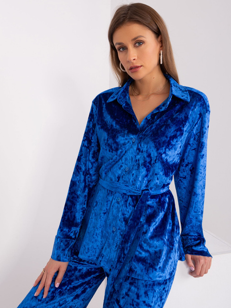 Hurt Kobaltowy komplet z weluru z rozpinaną koszulą