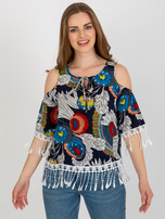 Hurt Granatowa letnia bluzka z nadrukiem i frędzlami