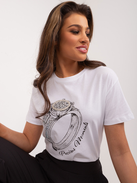 Hurtownia Biały t-shirt z aplikacjami i nadrukiem