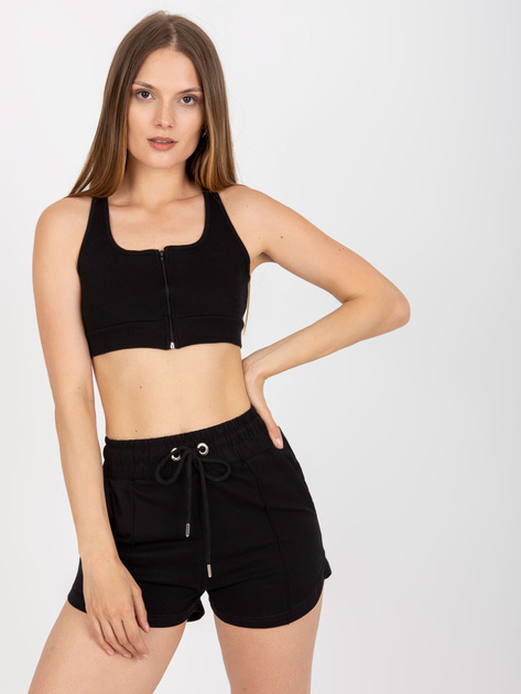 Czarny bawełniany crop top basic w prążki RUE PARIS