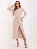Beige midi dress with a wrap bottom.