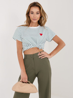 Biało-khaki t-shirt z haftem w kształcie serca