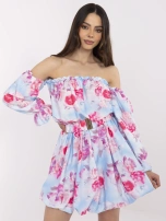 Niebiesko-różowa sukienka hiszpanka z paskiem