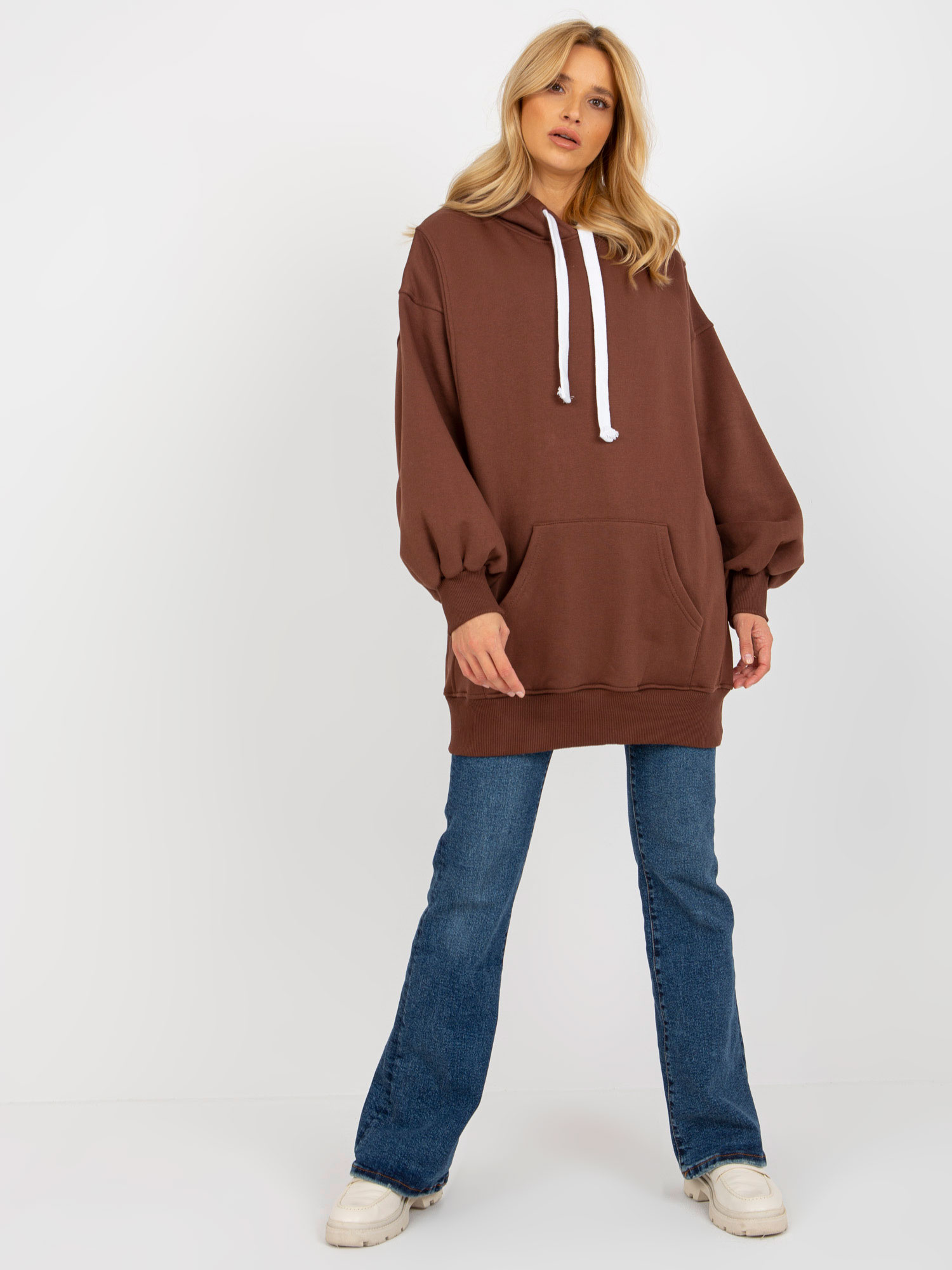 Ciemnobrązowa dresowa długa bluza basic oversize z kapturem