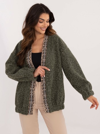Online wholesale women's khaki cardigan with trim.