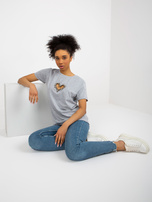 Hurt Szary damski t-shirt z aplikacjami i wycięciem