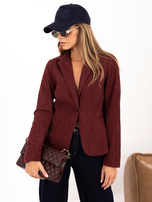 Burgundy corduroy blazer with button closure.