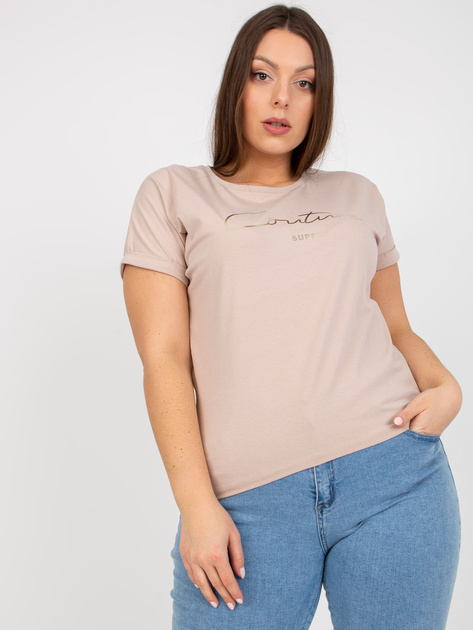 Beżowy t-shirt plus size ze złotym napisem