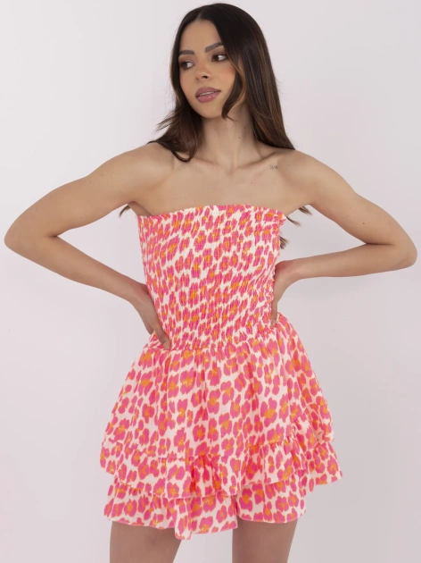 Fluo różowo-pomarańczowy muślinowy kombinezon z falbanami