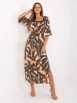 Beżowo-pomarańczowa midi sukienka z rozcięciem