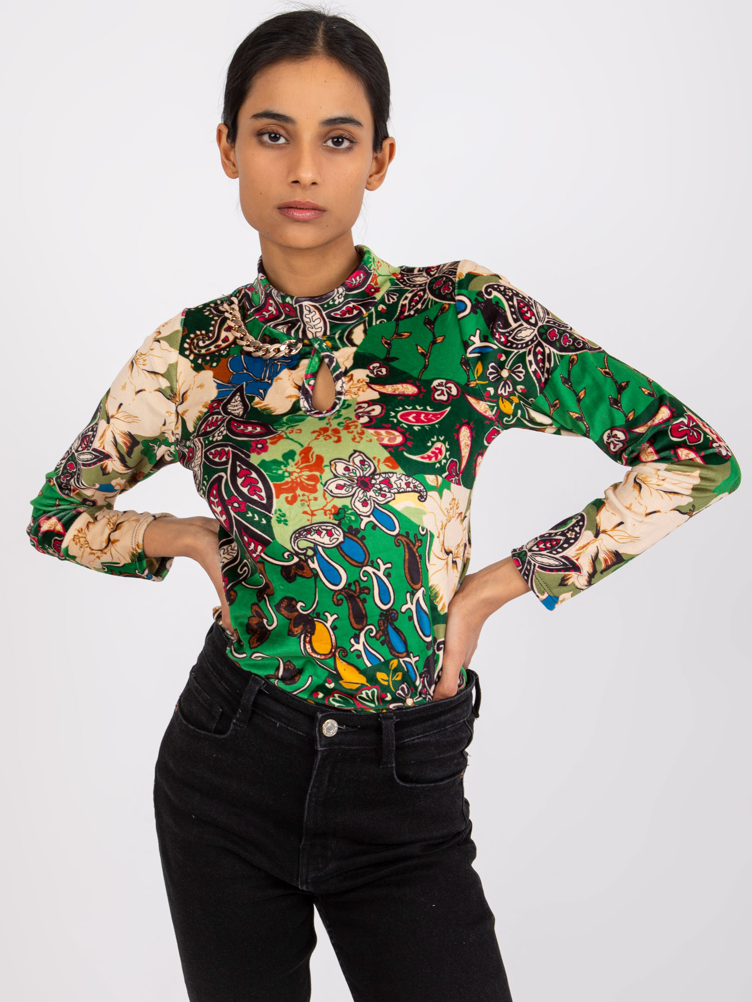 Green patterned blouse with velor Bologna