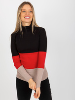 Hurt Czarno-ciemnobeżowa bluzka basic z golfem w prążek