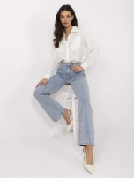 Blue long jeans with wide legs.