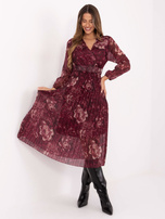 Burgundy pleated dress with flowers.