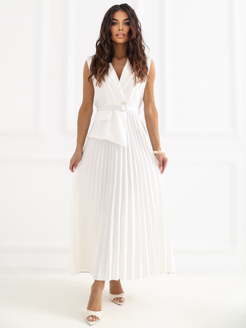 Ecru rozkloszowana sukienka z paskiem RUE PARIS