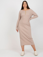 Hurt Beżowa prążkowana sukienka plus size z długim rękawem
