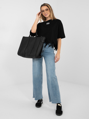 Czarna bluzka oversize z kwiatową aplikacją 