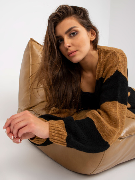 Hurtowna Czarno-camelowy kardigan w paski OCH BELLA