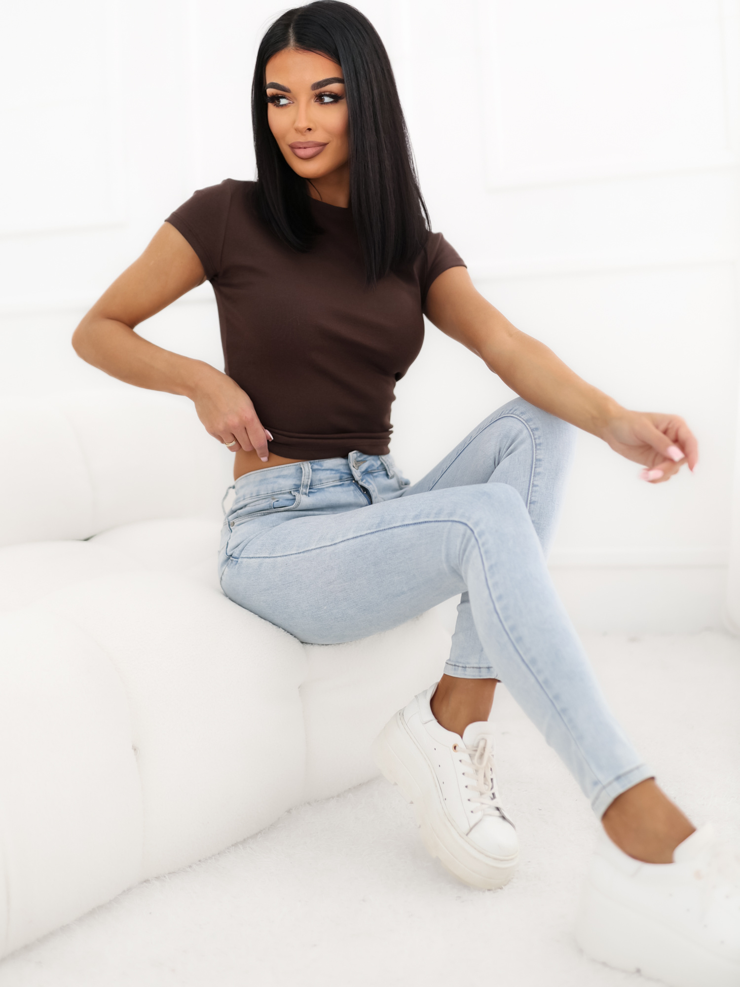 Brown women's basic t-shirt with a round neckline.