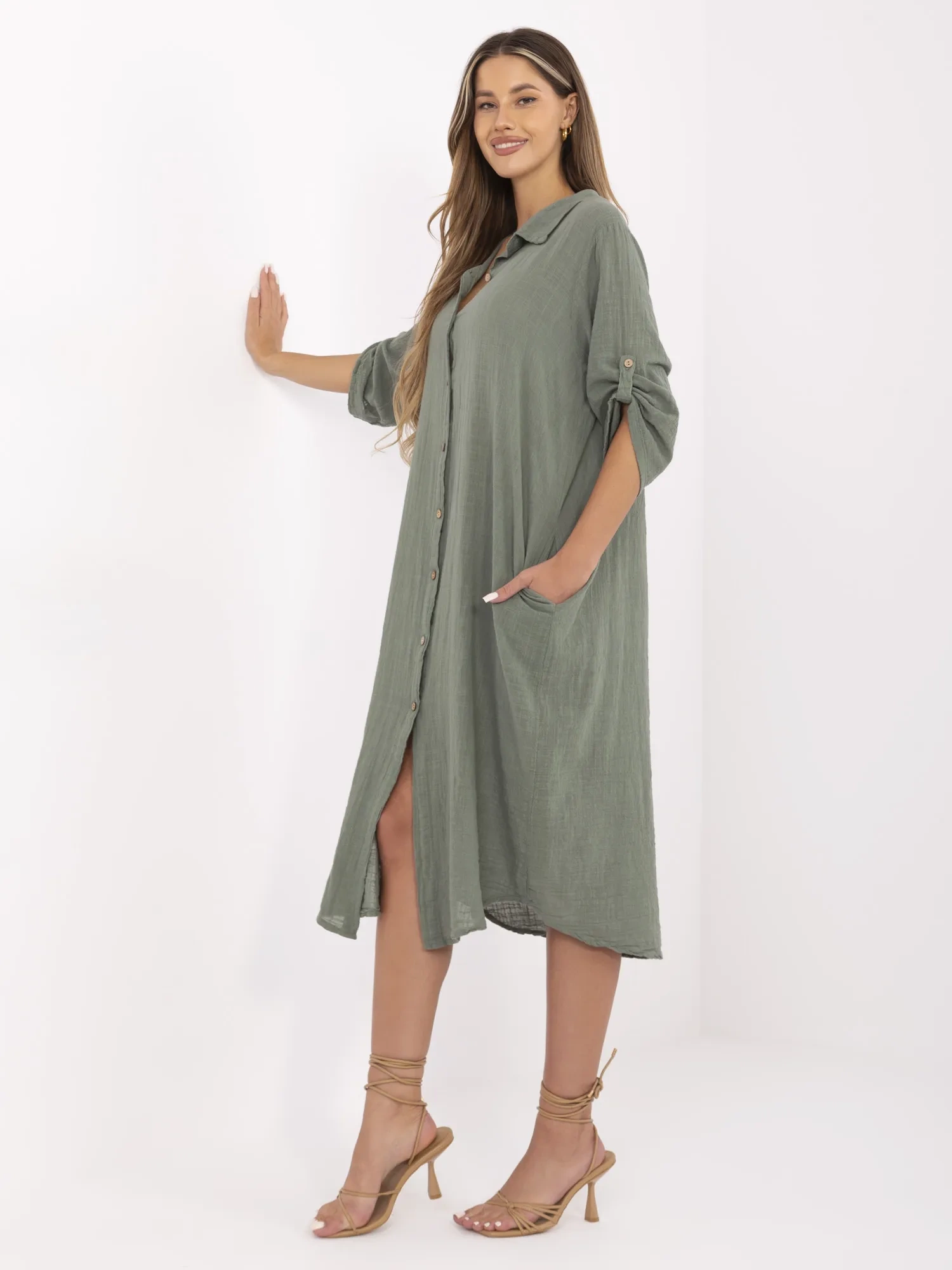 Khaki letní šaty s rukávem 3/4 OCH BELLA.
