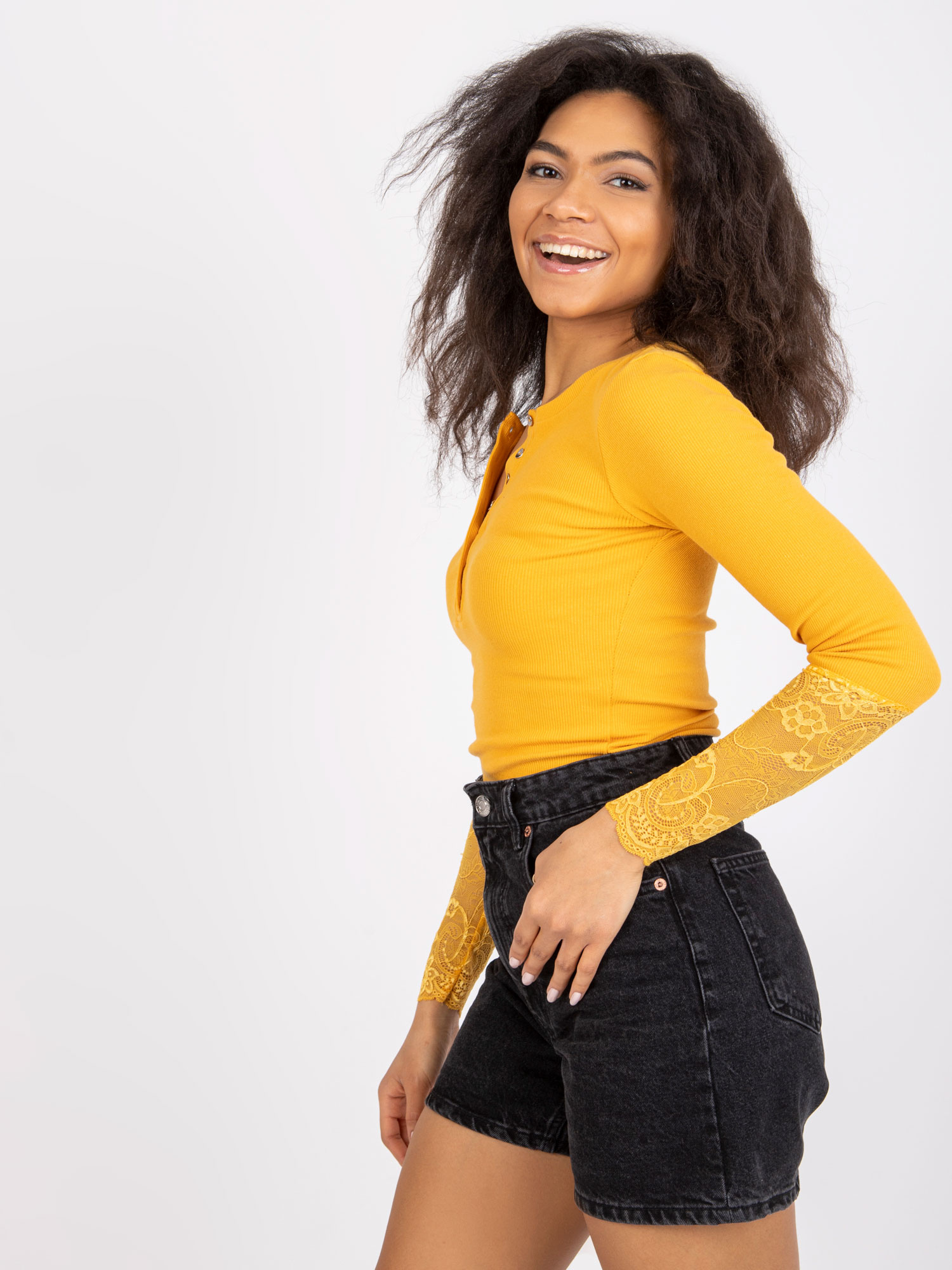 Light orange ribbed blouse with lace Beatrice RUE PARIS